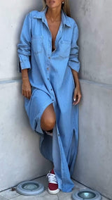 DINAH | LANGÄRMELIGES JEANSKLEID MIT REVERSKRAGEN