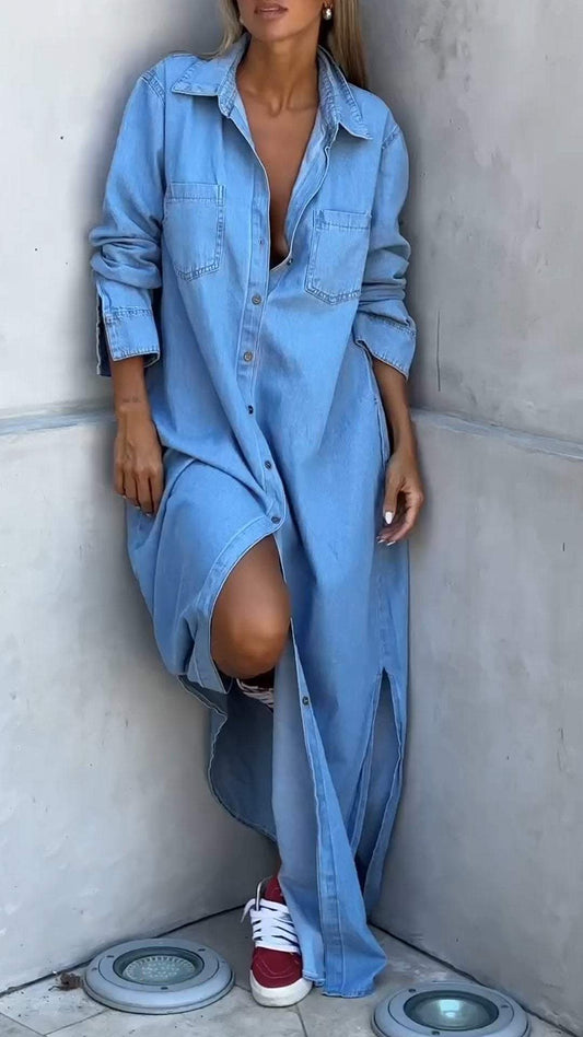 DINAH | LANGÄRMELIGES JEANSKLEID MIT REVERSKRAGEN