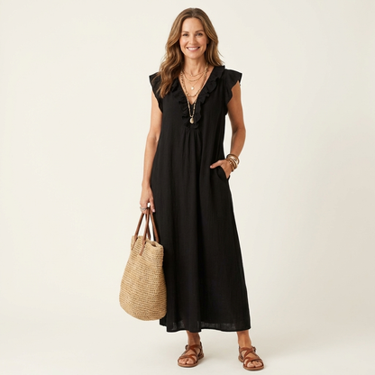 JOSETTE | ELEGANTES MAXIKLEID MIT V-AUSSCHNITT UND RÜSCHEN