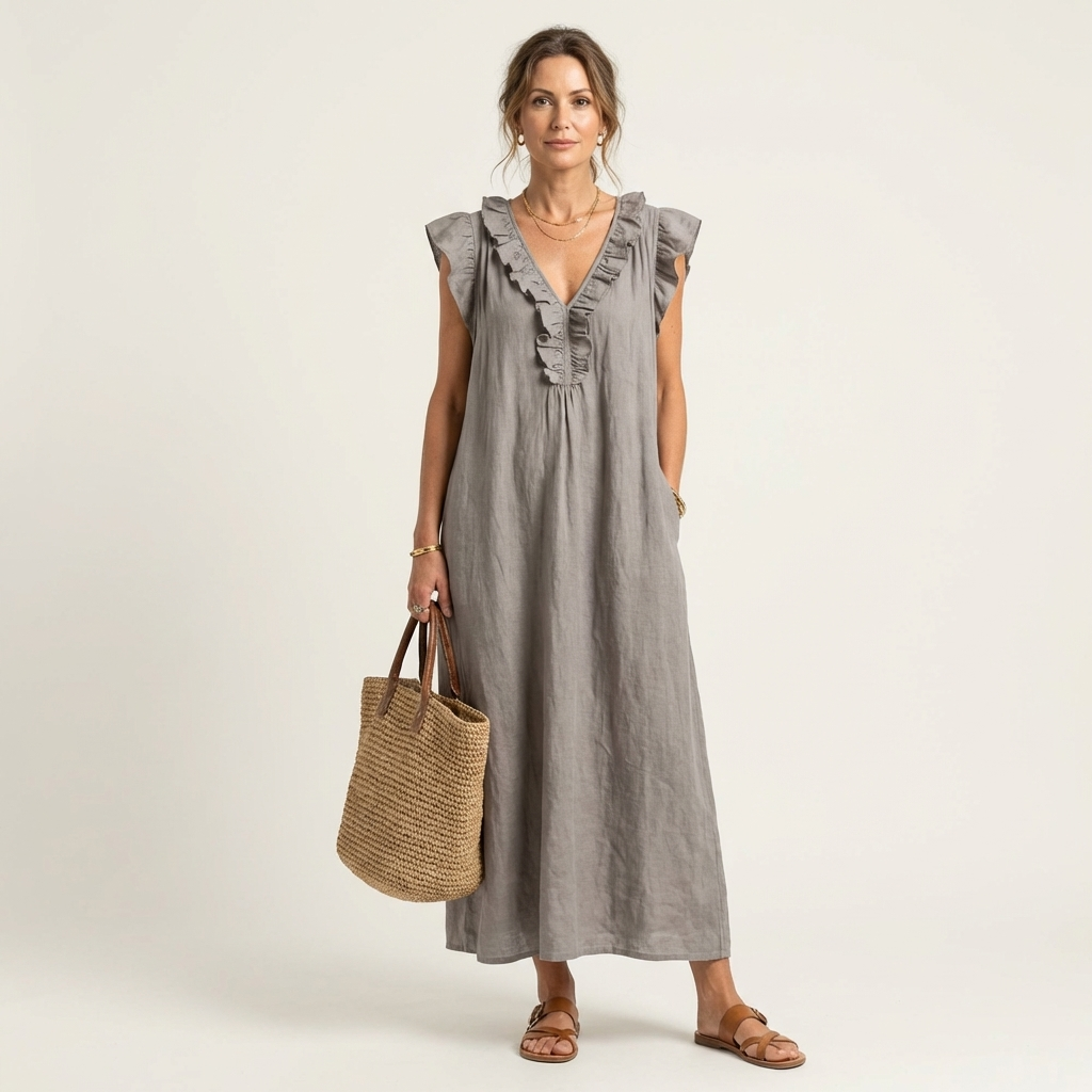 JOSETTE | ELEGANTES MAXIKLEID MIT V-AUSSCHNITT UND RÜSCHEN
