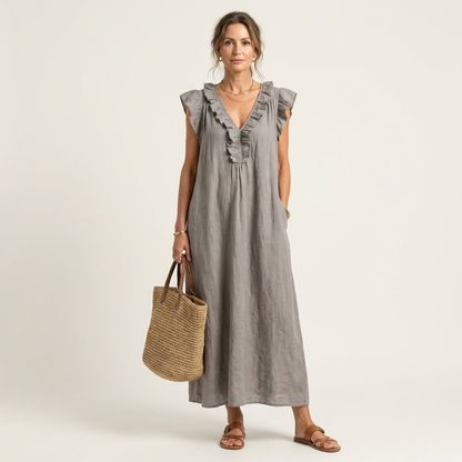 JOSETTE | ELEGANTES MAXIKLEID MIT V-AUSSCHNITT UND RÜSCHEN
