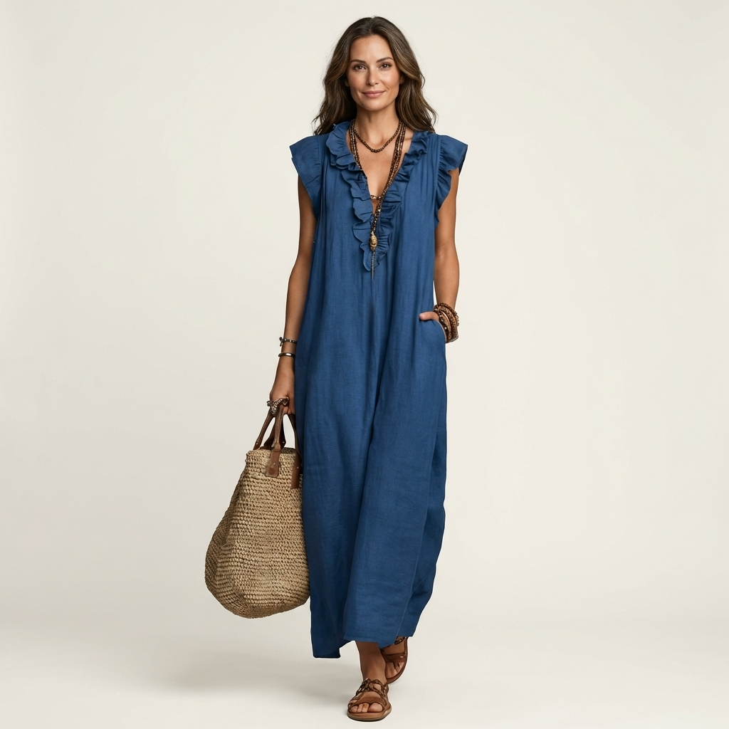 JOSETTE | ELEGANTES MAXIKLEID MIT V-AUSSCHNITT UND RÜSCHEN