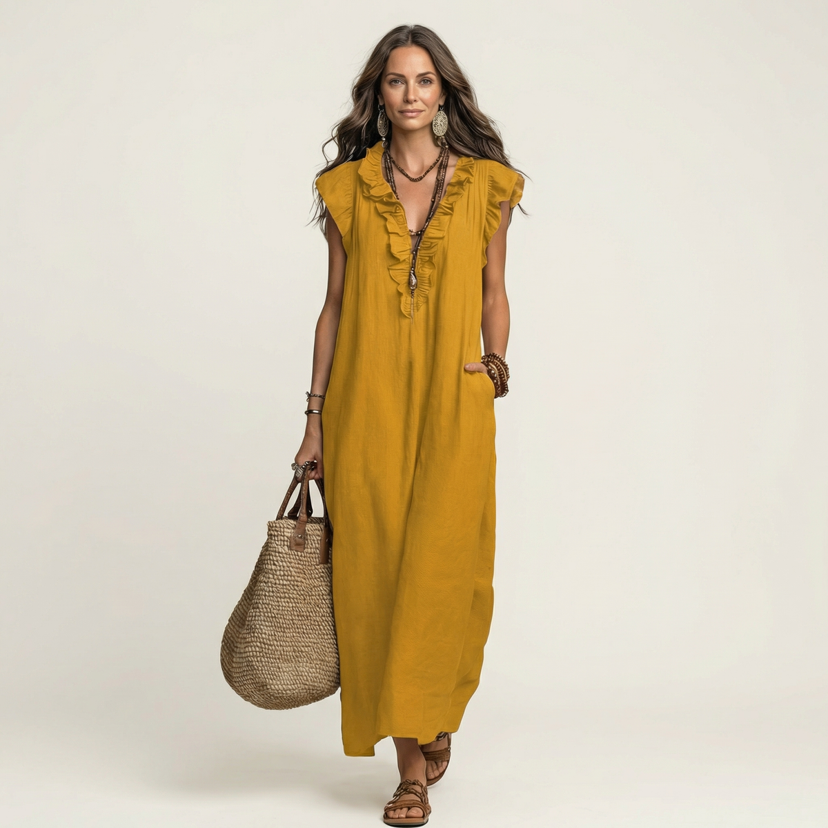 JOSETTE | ELEGANTES MAXIKLEID MIT V-AUSSCHNITT UND RÜSCHEN