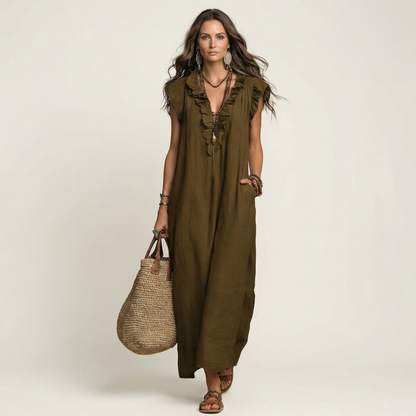 JOSETTE | ELEGANTES MAXIKLEID MIT V-AUSSCHNITT UND RÜSCHEN