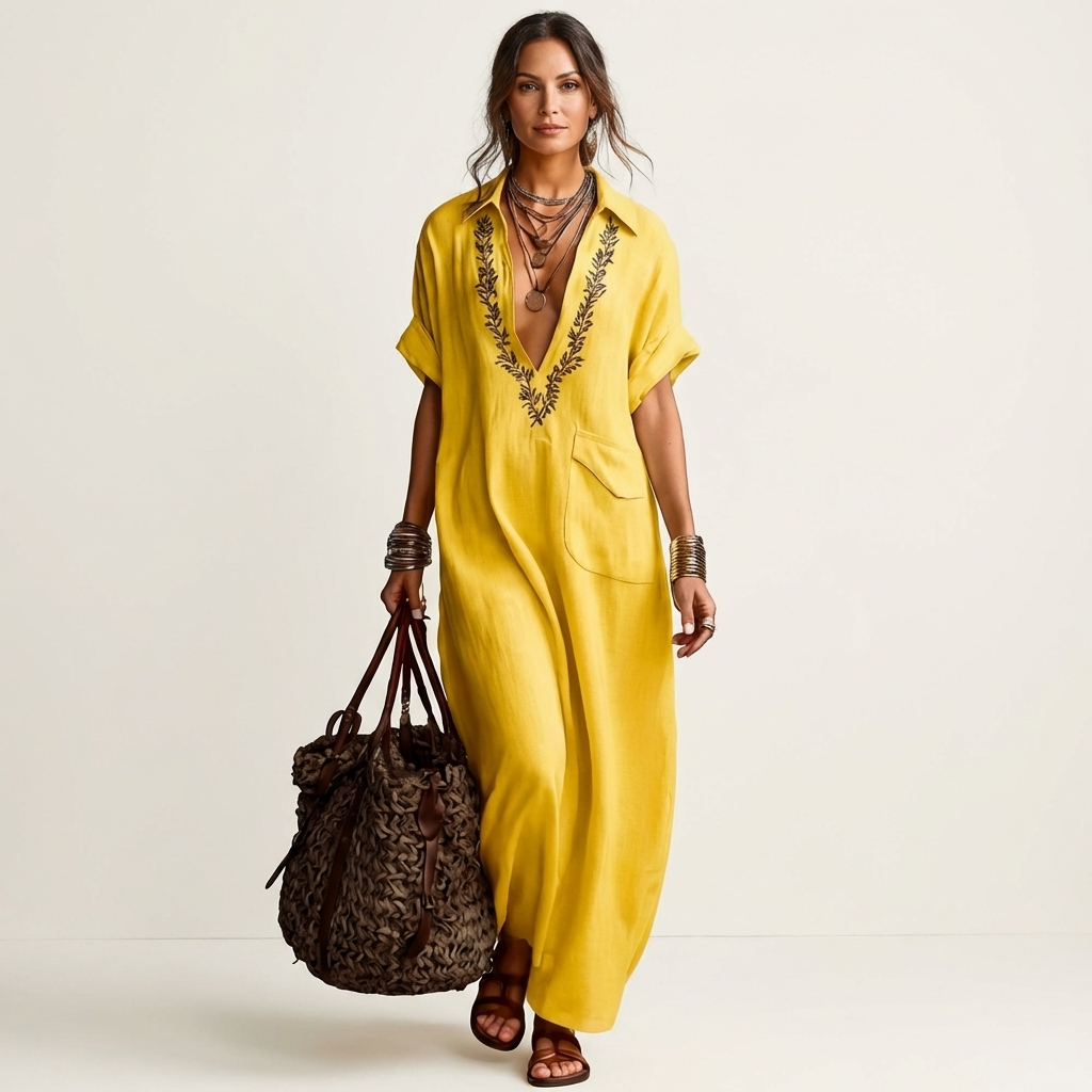 PETRA | EMBROIDERED V-NECK COLLAR MAXI DRESS