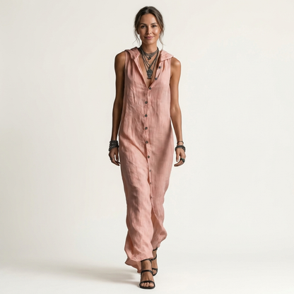 VALENTINA | HOODED BUTTON-FRONT SLEEVELESS MAXI DRESS