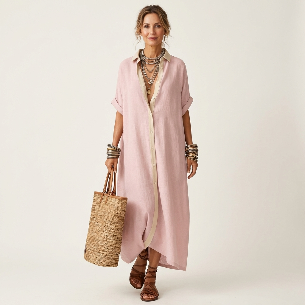 ISOLDE | MAXI-HEMDSTUTZENKLEID MIT KONTRASTKRAGEN, KNOPFLEISTE UND KURZEN ÄRMELN