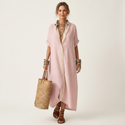 ISOLDE | MAXI-HEMDSTUTZENKLEID MIT KONTRASTKRAGEN, KNOPFLEISTE UND KURZEN ÄRMELN