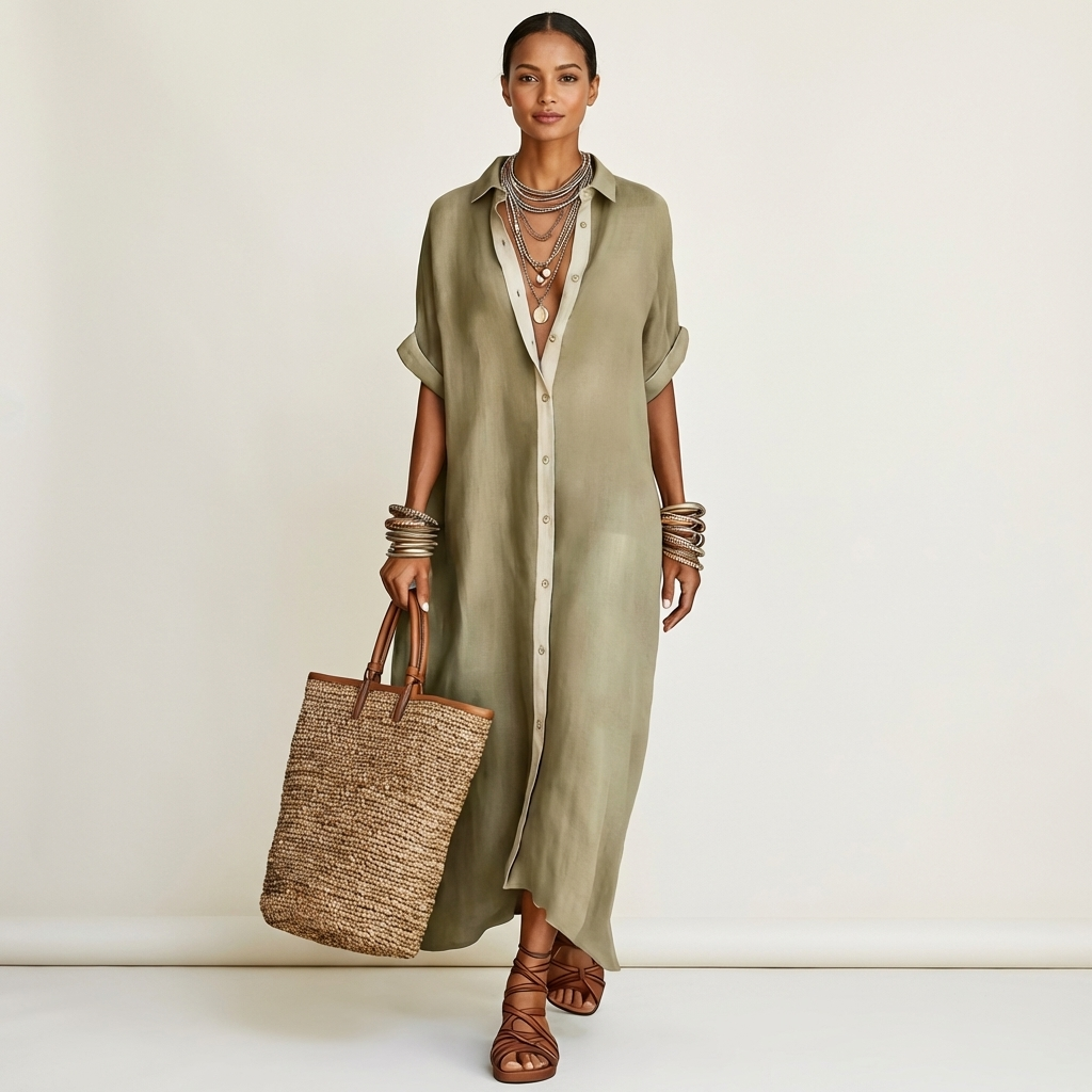 ISOLDE | MAXI-HEMDSTUTZENKLEID MIT KONTRASTKRAGEN, KNOPFLEISTE UND KURZEN ÄRMELN