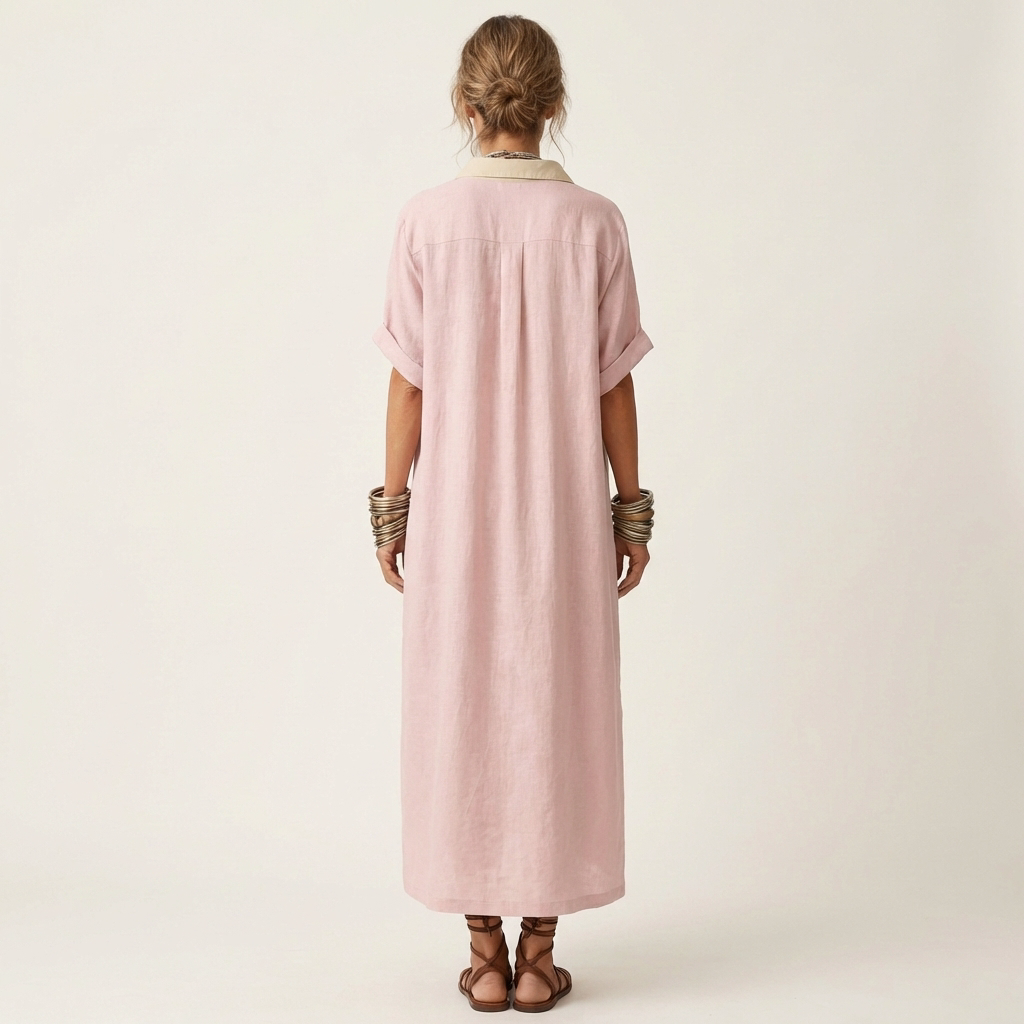 ISOLDE | MAXI-HEMDSTUTZENKLEID MIT KONTRASTKRAGEN, KNOPFLEISTE UND KURZEN ÄRMELN