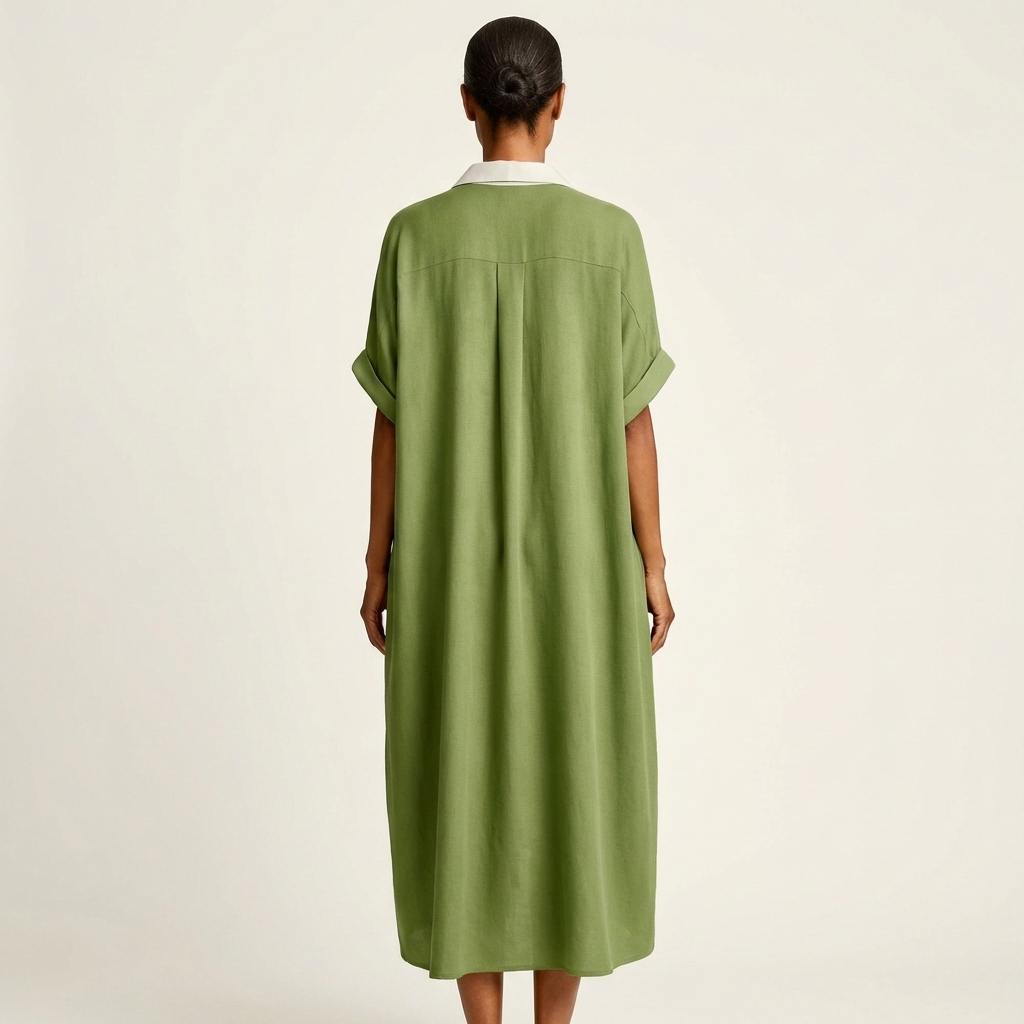 ISOLDE | MAXI-HEMDSTUTZENKLEID MIT KONTRASTKRAGEN, KNOPFLEISTE UND KURZEN ÄRMELN