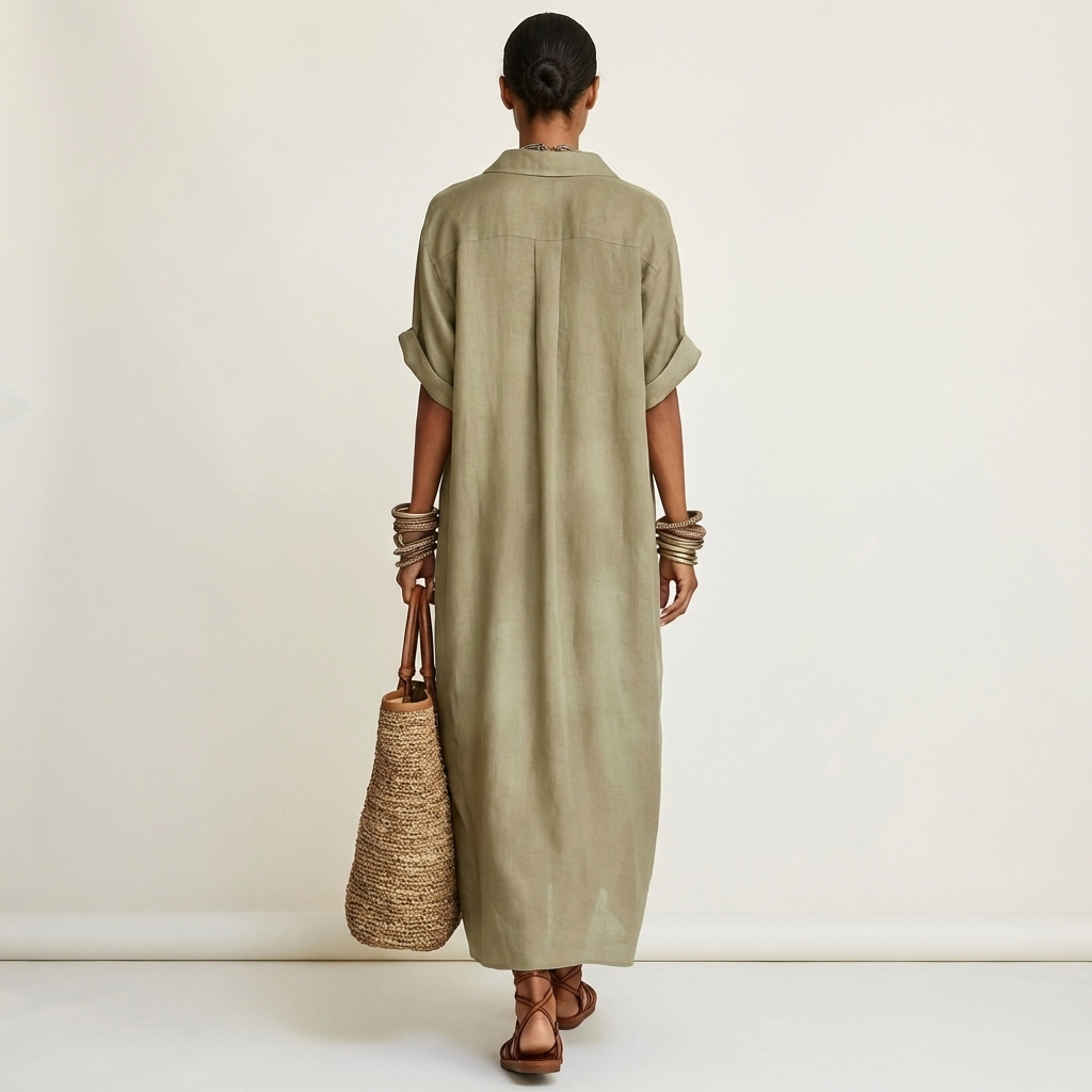 ISOLDE | MAXI-HEMDSTUTZENKLEID MIT KONTRASTKRAGEN, KNOPFLEISTE UND KURZEN ÄRMELN
