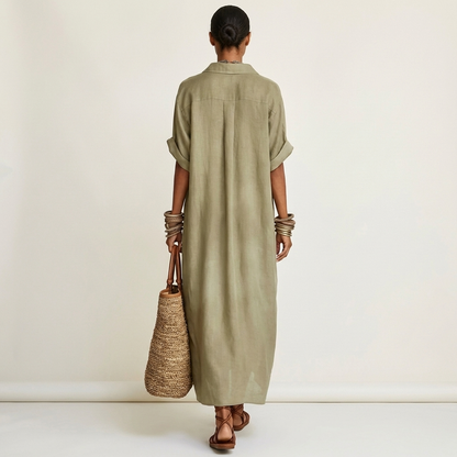ISOLDE | MAXI-HEMDSTUTZENKLEID MIT KONTRASTKRAGEN, KNOPFLEISTE UND KURZEN ÄRMELN