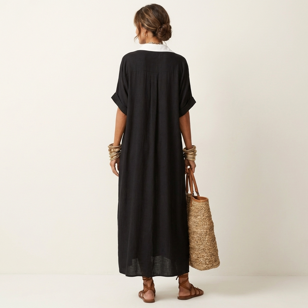ISOLDE | MAXI-HEMDSTUTZENKLEID MIT KONTRASTKRAGEN, KNOPFLEISTE UND KURZEN ÄRMELN