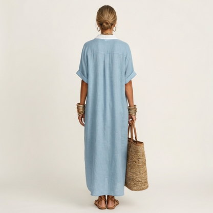 ISOLDE | MAXI-HEMDSTUTZENKLEID MIT KONTRASTKRAGEN, KNOPFLEISTE UND KURZEN ÄRMELN