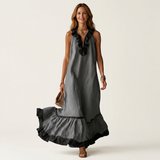 SERAPHINA | ÄRMELLOSES MAXIKLEID MIT RÜSCHENKRAGEN UND KONTRASTIERENDEM SAUM