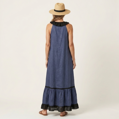 SERAPHINA | SLEEVELESS RUFFLE-NECK CONTRAST-TRIM MAXI DRESS