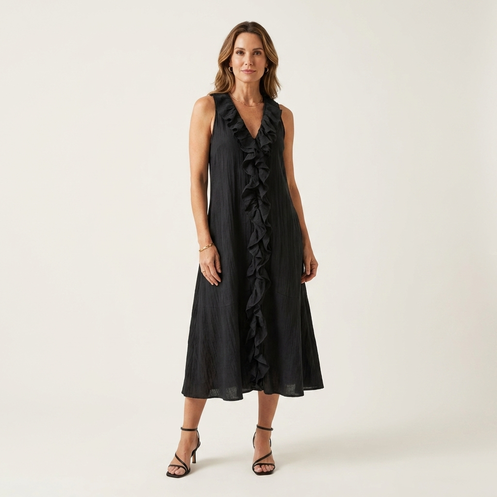 VIOLETTE | MAXIKLEID ÄRMELLOS MIT V-AUSSCHNITT UND RÜSCHENFRONT
