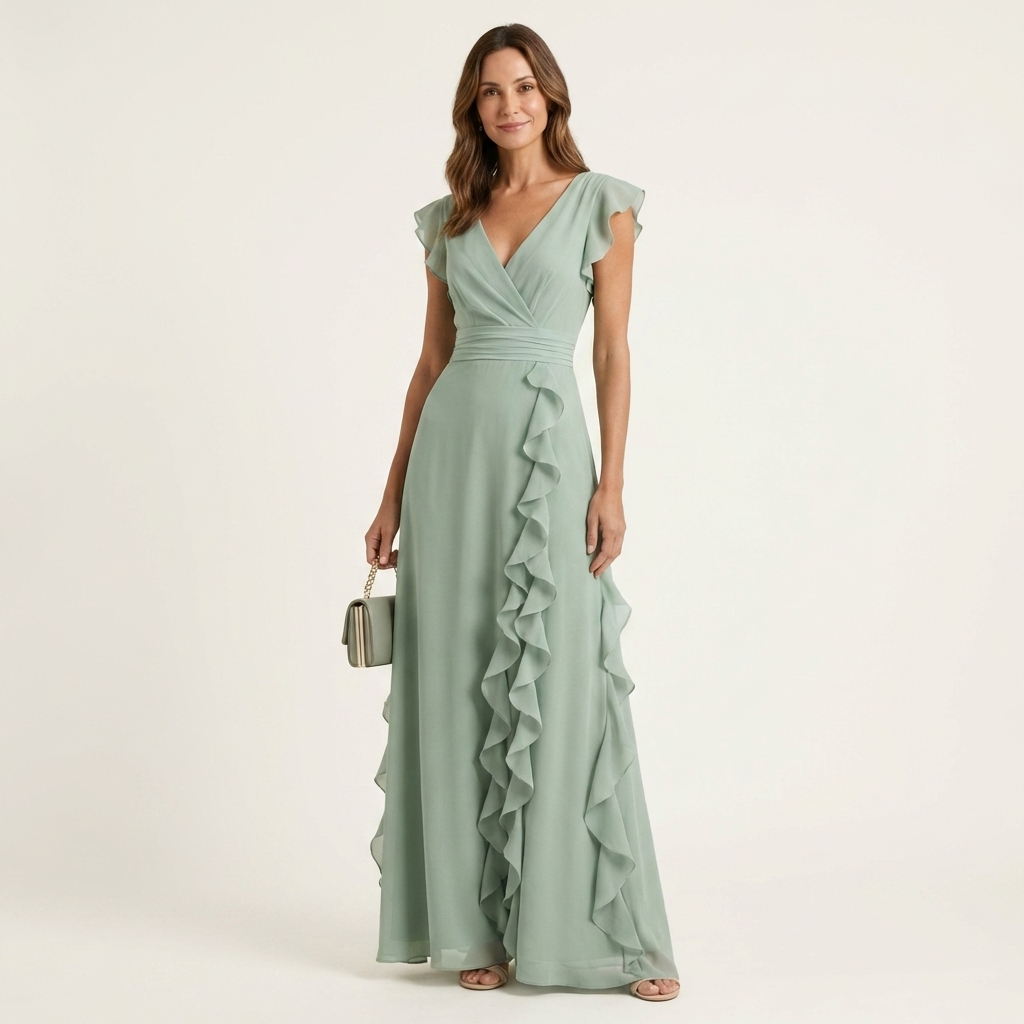 CELESTE | WICKEL-MAXIKLEID MIT V-AUSSCHNITT, FLATTERÄRMELN UND KASKADIERENDEN RÜSCHEN