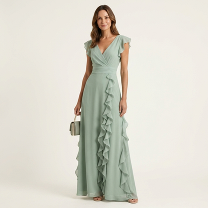 CELESTE | WICKEL-MAXIKLEID MIT V-AUSSCHNITT, FLATTERÄRMELN UND KASKADIERENDEN RÜSCHEN