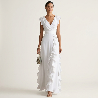 CELESTE | WICKEL-MAXIKLEID MIT V-AUSSCHNITT, FLATTERÄRMELN UND KASKADIERENDEN RÜSCHEN