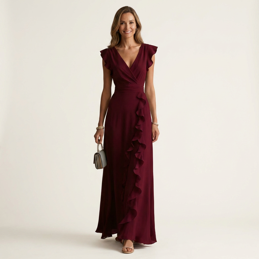 CELESTE | WICKEL-MAXIKLEID MIT V-AUSSCHNITT, FLATTERÄRMELN UND KASKADIERENDEN RÜSCHEN