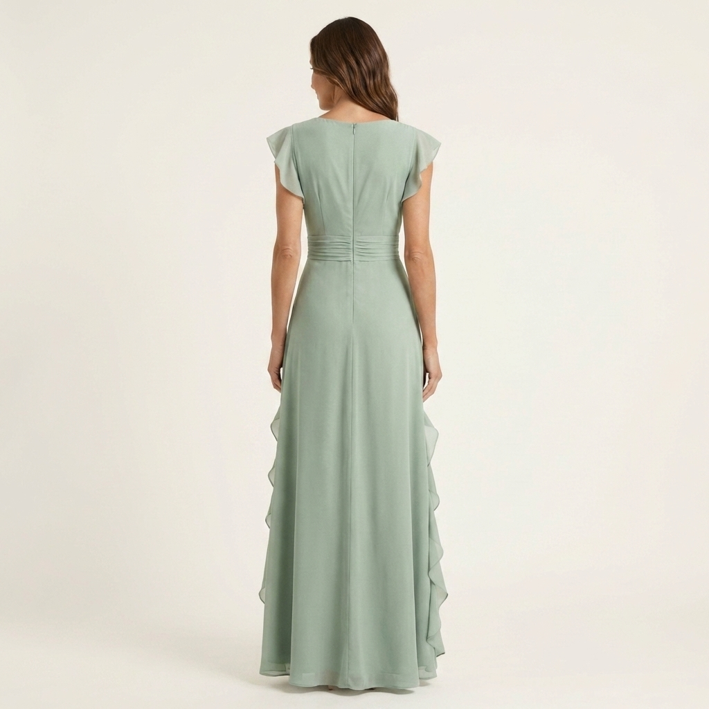 CELESTE | WICKEL-MAXIKLEID MIT V-AUSSCHNITT, FLATTERÄRMELN UND KASKADIERENDEN RÜSCHEN