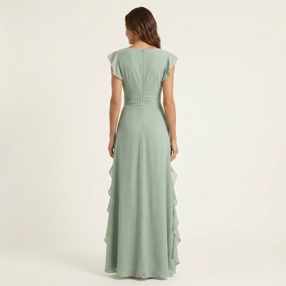CELESTE | WICKEL-MAXIKLEID MIT V-AUSSCHNITT, FLATTERÄRMELN UND KASKADIERENDEN RÜSCHEN