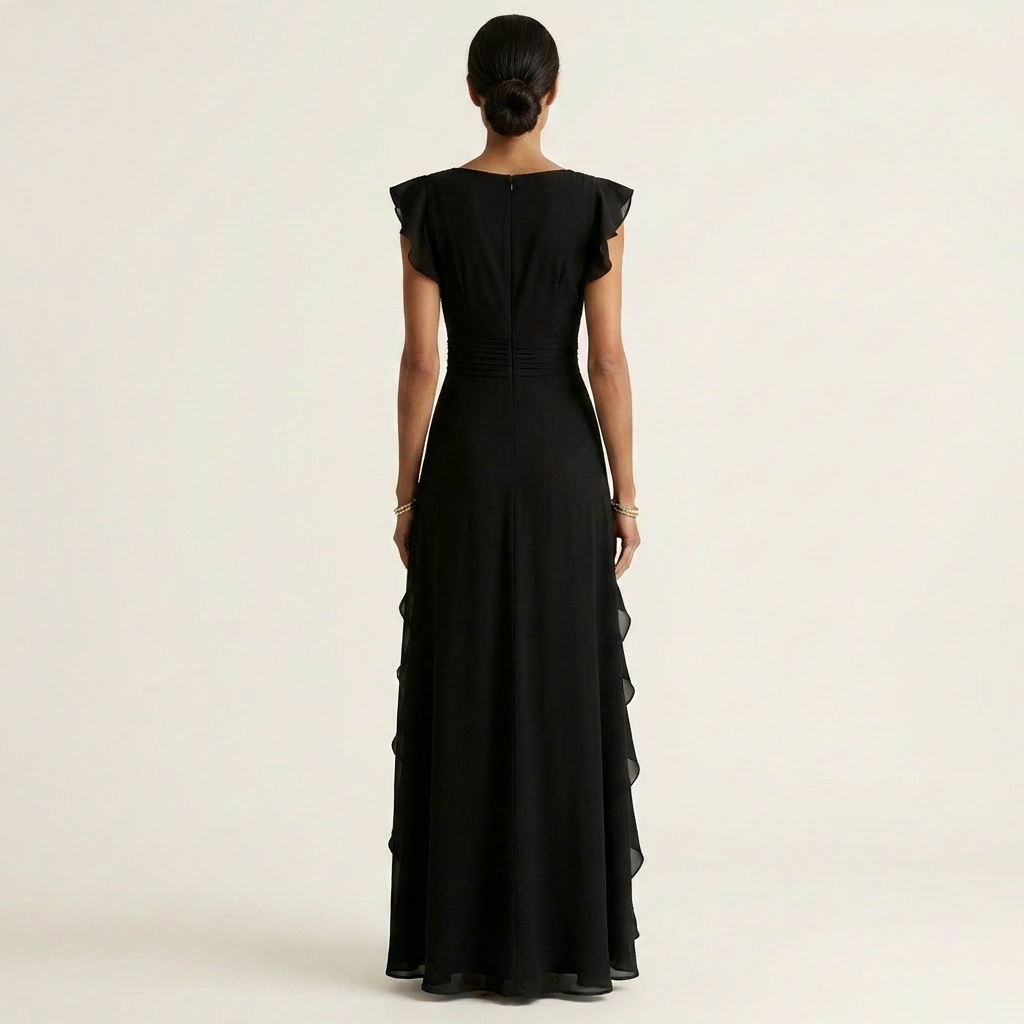 CELESTE | WICKEL-MAXIKLEID MIT V-AUSSCHNITT, FLATTERÄRMELN UND KASKADIERENDEN RÜSCHEN