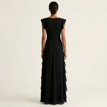 CELESTE | WICKEL-MAXIKLEID MIT V-AUSSCHNITT, FLATTERÄRMELN UND KASKADIERENDEN RÜSCHEN