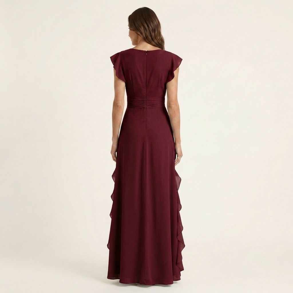 CELESTE | WICKEL-MAXIKLEID MIT V-AUSSCHNITT, FLATTERÄRMELN UND KASKADIERENDEN RÜSCHEN