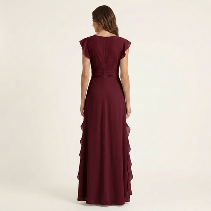 CELESTE | WICKEL-MAXIKLEID MIT V-AUSSCHNITT, FLATTERÄRMELN UND KASKADIERENDEN RÜSCHEN