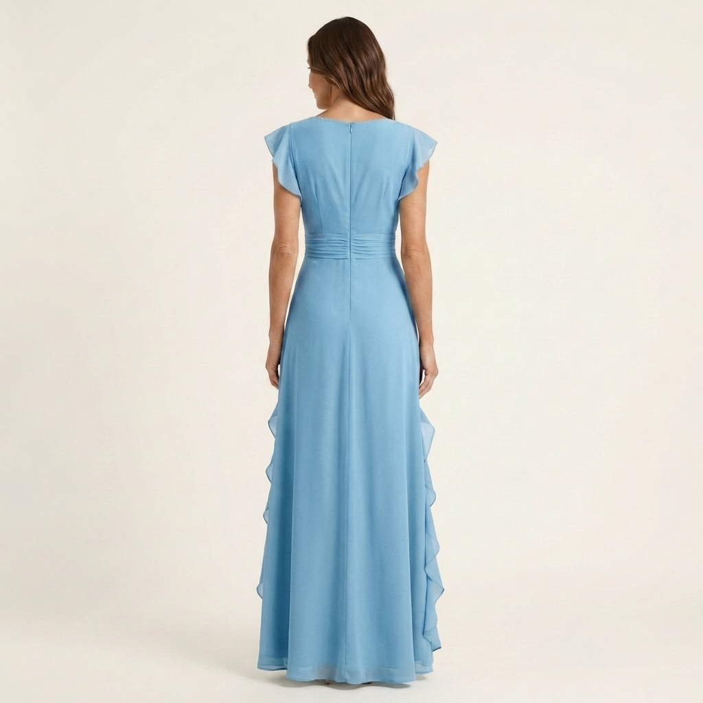 CELESTE | WICKEL-MAXIKLEID MIT V-AUSSCHNITT, FLATTERÄRMELN UND KASKADIERENDEN RÜSCHEN