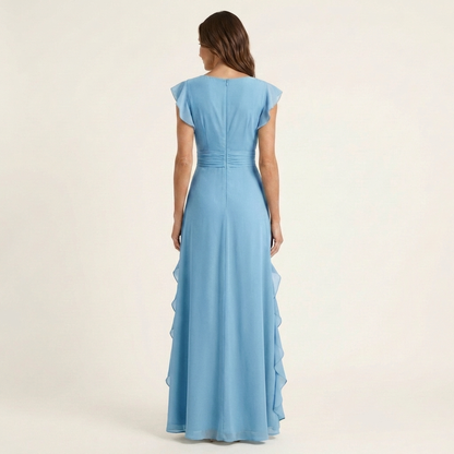 CELESTE | WICKEL-MAXIKLEID MIT V-AUSSCHNITT, FLATTERÄRMELN UND KASKADIERENDEN RÜSCHEN