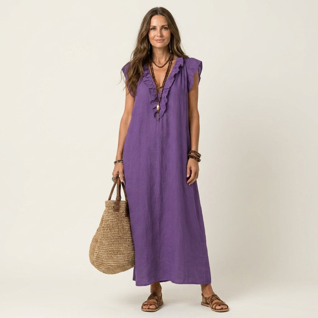 JOSETTE | ELEGANTES MAXIKLEID MIT V-AUSSCHNITT UND RÜSCHEN