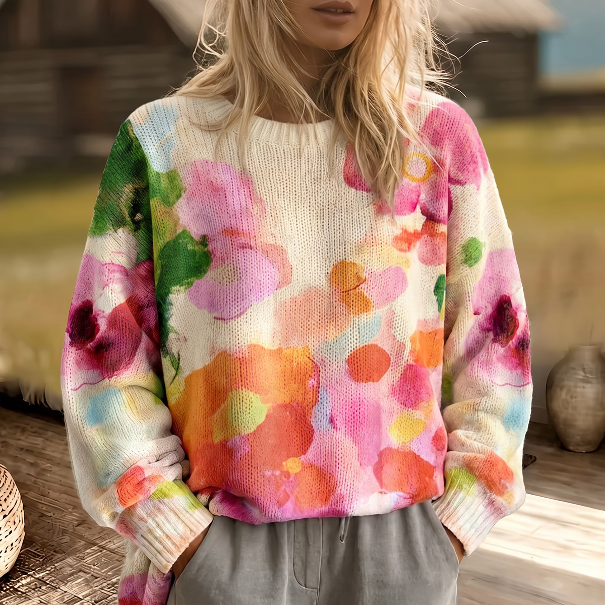 FERRONA | MEHRFARBIGER STRICKPULLOVER MIT TIE-DYE-BLUMENMUSTER