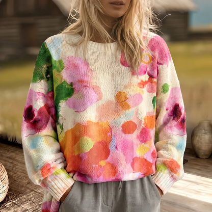 FERRONA | MEHRFARBIGER STRICKPULLOVER MIT TIE-DYE-BLUMENMUSTER