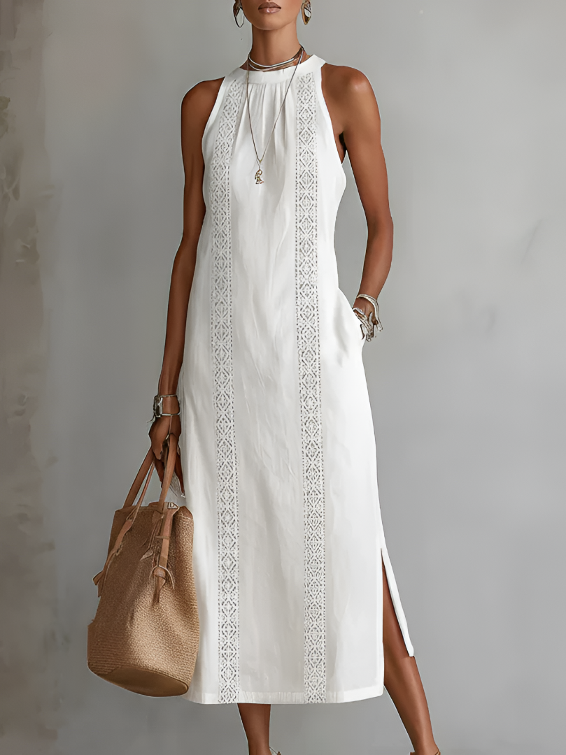 TERESA | RELAXED EMBROIDERED MANDARIN COLLAR MIDI DRESS