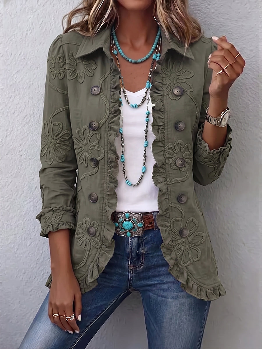 KAMBERLY | BOHO-CHIC JACKE MIT BLUMENSTICKEREI, UTILITY-STIL UND RÜSCHENBESATZ