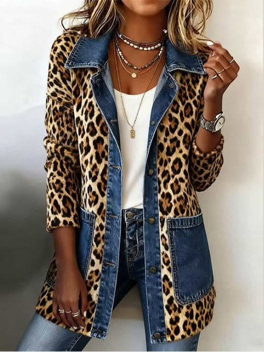 FABLENNE | LEOPARD PRINT DENIM PANEL CONTRAST LONGLINE JACKET