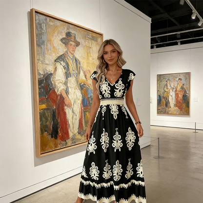 KAREN | BAROCK-MAXIKLEID MIT V-AUSSCHNITT