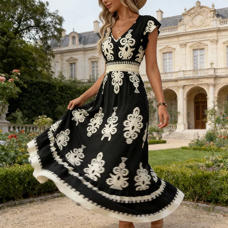 KAREN | BAROCK-MAXIKLEID MIT V-AUSSCHNITT